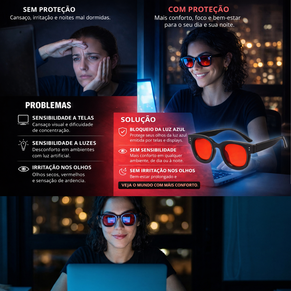 Comparação sem proteção e com proteção RedLight: cansaço vs. conforto